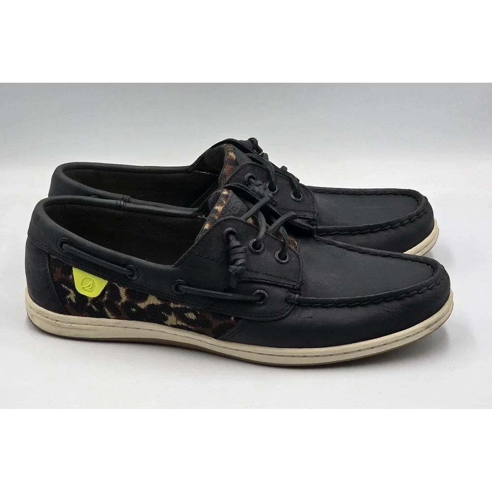 Sperry Songfish Boat Shoes Womens 9.5 Black Leopard Nubuck Leather Lace Up